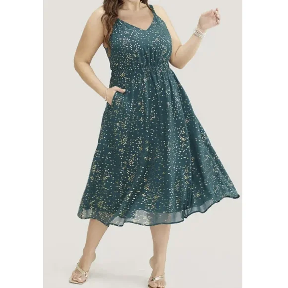 Emerald green with gold foil stars midi sleeveless dress - Picture 2 of 13